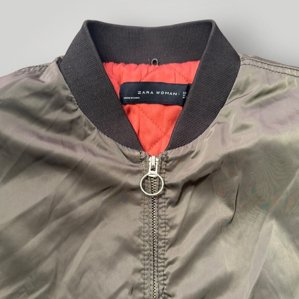 Zara Woman MA-1 Bomber Jacket Olive Green Orange Lining Size M - Picture 4 of 8